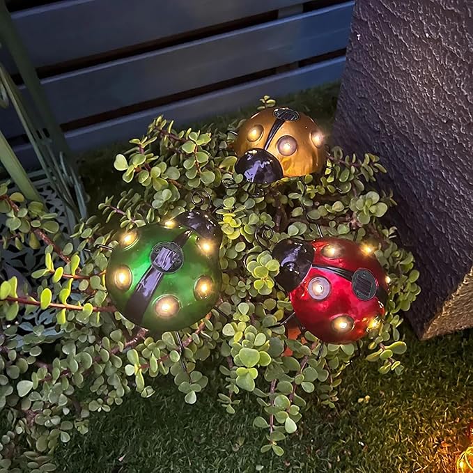 keeda Solar Ladybugs Garden Decor, Waterproof 5.5 Inch Metal Lady Bugs Cute Wall Art LED Garden Light Outside Decor | Lumora