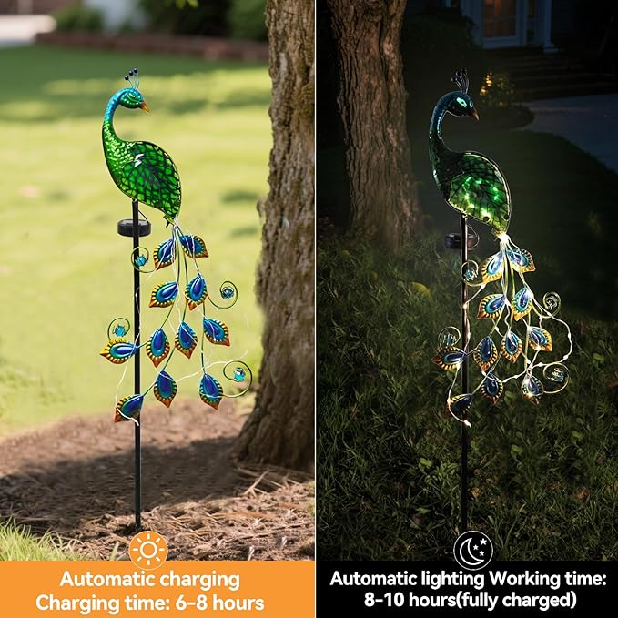 Solar Peacock Garden Stake Lights Outdoor, Waterproof Metal Glass Decorative Landscape Path Lights with Thick Stake Glow in The Dark Eye for Pathway Patio Lawn Yard