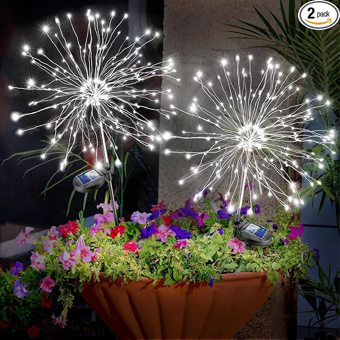 Anordsem Solar Garden Lights Outdoor: Flexible Copper Wire 120 LED Firework White 2 Pack - Waterproof DIY Decorations for Yard Pathway Patio - Gardening Gifts for Women Gardeners Homeowners