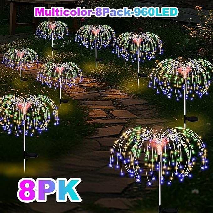 ALSO GO Solar Garden Lights Outdoor Waterproof, 8 Pack 960 LED Solar Firework Lights, Decorative Garden Décor Outside for Flowerbed Pathway Party Christmas Decoration, Multicolor