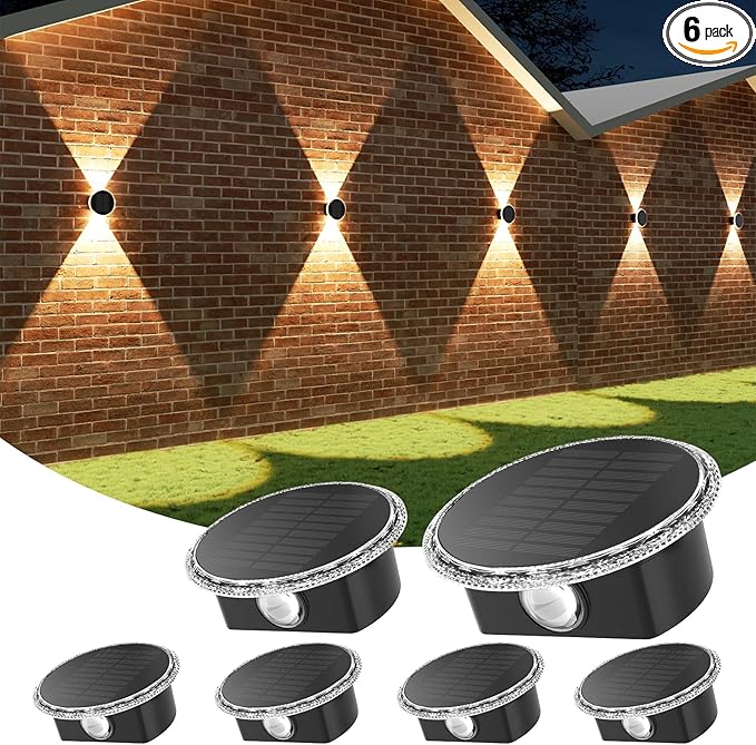 Ellasay Solar Fence Lights Outdoor: 360° Circular Lighting Solar Powered Wall Lights 12 Hours Long Runtime Up and Down Waterproof IP65 & 3 Modes High Brightness LED Focus Lens for Fence/Yard - 6 Pack