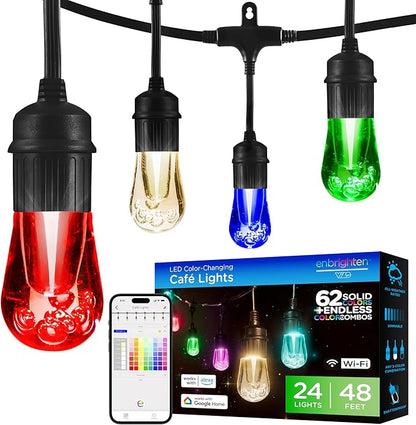 Enbrighten LED Wi-Fi Smart Vintage Café Lights, 48ft, Multicolored/White, Patio, Backyard, Deck, Porch, Outdoor Lighting, Various Color Options, Smart Control, Bluetooth, Vintage Bulbs, 57415