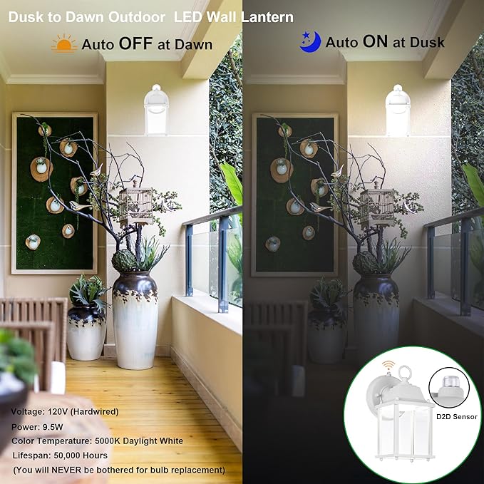 LIT-PaTH Small Outdoor LED Wall Lantern with Dusk to Dawn Photocell, 5000K Daylight White, 9.5W, 800 Lumen, Aluminum Housing Plus Glass, Outdoor Rated, 1-Pack, White