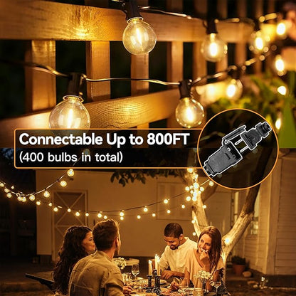 50FT Outdoor String Lights with Remote Dimmer, 25 + 2 Spare Led G40 Bulbs Connectable Dimmable Balcony Lights, Support Timer Waterproof Shatterproof for Patio Porch Garage Cafe