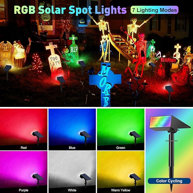 Solar Color Changing RGB Spot Lights Outdoor, 2 Pack/7 Lighting Modes Multicolor Outdoor Lights for Yard Waterproof | Lumora