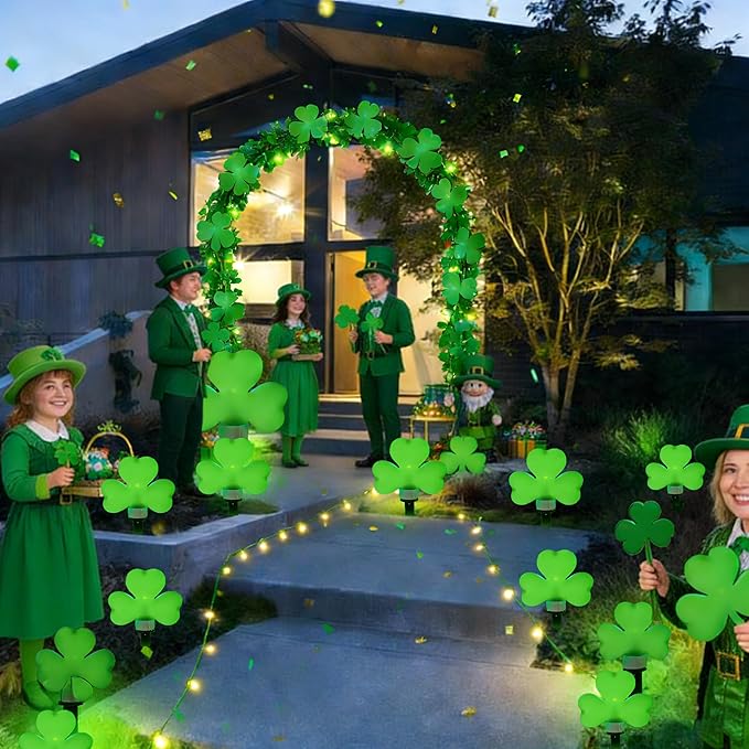 St Patricks Day Decorations Solar Garden Lights Outdoor Waterproof 8 Pack Green Shamrock Three Leaf Lucky Clover Solar Stake Lights 8 Modes for Yard Pathway Party Outside Irish St. Patrick's Day Decor