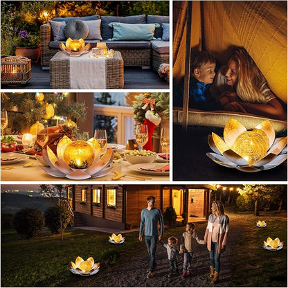 Garden Solar Lights Outdoor(2Pack), Amber Crackle Globe Glass Lotus Decoration, Waterproof Orange Metal LED Flower Lights for Patio,Lawn,Walkway,Tabletop,Ground, Garden Gifts for Women