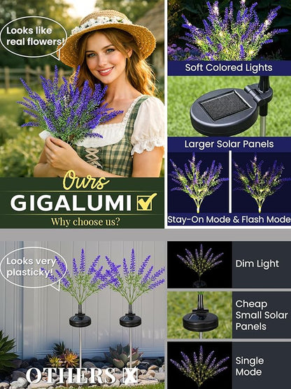 GIGALUMI Solar Garden Lights with Lavender, LED Garden Decor Carefree Solar Flowers Outdoor Waterproof, Yard Decorations Outdoor, Allergy-Free Everlasting Light up Flowers for Yard Patio (Set of 2)