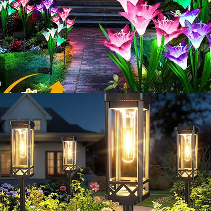 4 Pack Solar Lily + 8 Pack Solar Pathway Lights Outdoor