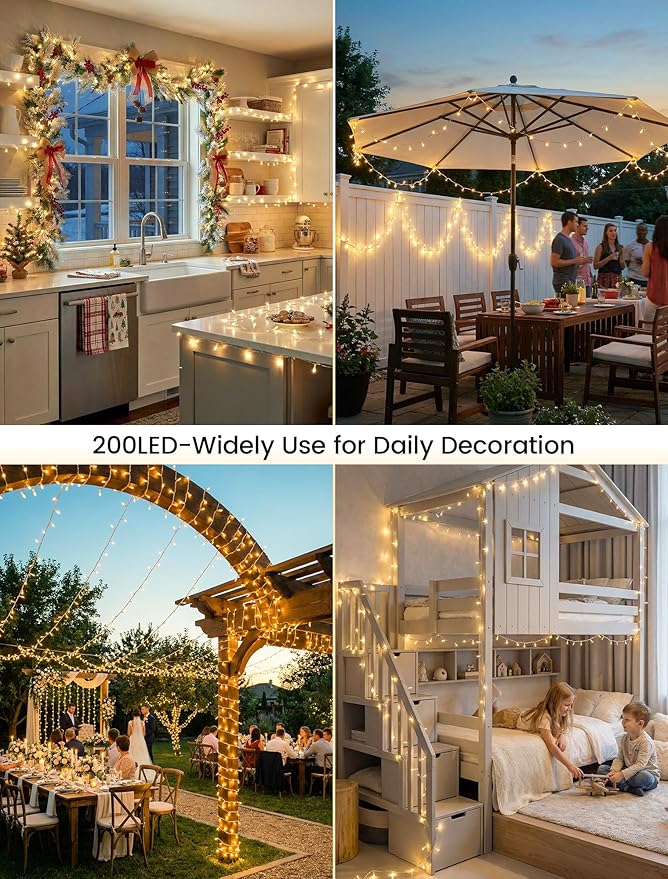 Christmas String Lights Outdoor, 200 LED 98 FT Plug in Christmas Tree Lights with Remote, Waterproof Twinkle Light Clear Wire with Timer for Bedroom, Indoor, Patio, Wedding, Xmas Decorations