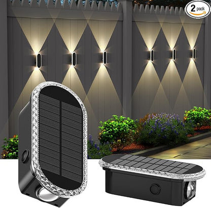 Solar Fence Lights - RGB & Warm White, LED Christmas Solar Lights Outdoor Waterproof 8 Colors,2 Lens Top and Bottom Lighting for Outdoor/Patio/Wall/Fence Pack of 2