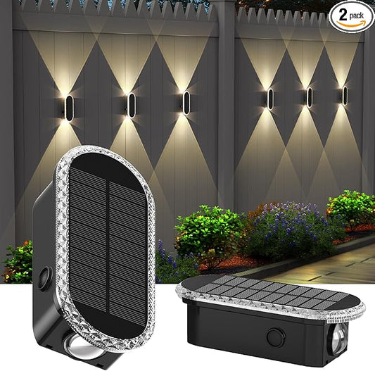 Solar Fence Lights - RGB & Warm White, LED Christmas Solar Lights Outdoor Waterproof 8 Colors,2 Lens Top and Bottom Lighting for Outdoor/Patio/Wall/Fence Pack of 2