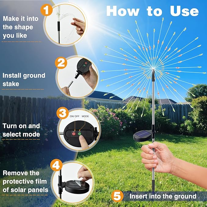 btfarm Solar Garden Lights Outdoor, 8 Modes Firework Lights Solar Powered, Waterproof Twinkle Fairy Light Outside for Yard Patio Pathway Pool Christmas Party Decorative, 2 Pack, Warm White