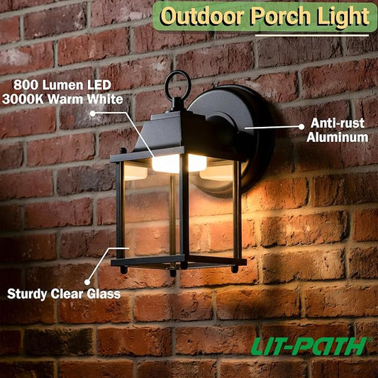 LIT-PaTH Outdoor LED Wall Lantern, Wall Sconce Exterior Porch Lighting Fixture, 3000K Warm White, 9.5W 800 Lumen, Aluminum Housing Plus Glass, Black Finish, 2-Pack