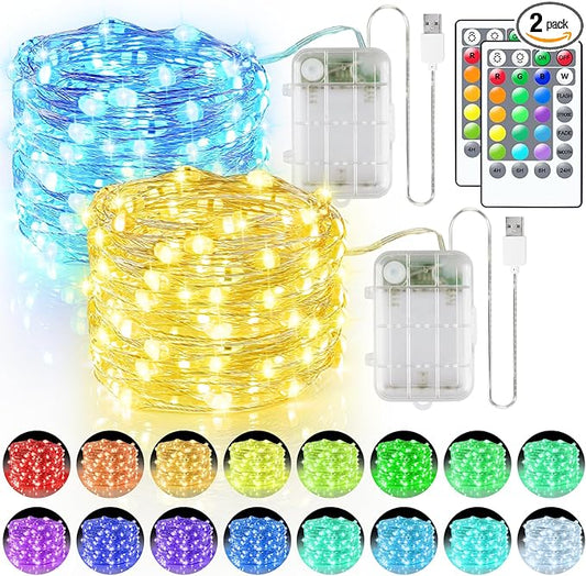 66ft 200LED Fairy Lights Battery Operated, 2 Pack 33ft 16 Color Changing String Lights with Remote Timer, RGB Waterproof Twinkle Light for Indoor Outdoor Bedoom Garden Yard Décor