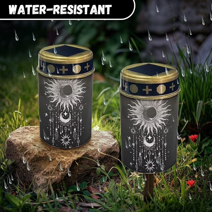 HUGS IDEA Sun Moon Solar Cemetery Lights for Grave Gothic Solar Memorial Lanterns Angel Garden Ornaments Waterproof Led Lanterns for Day-Night Illumination in Gardens