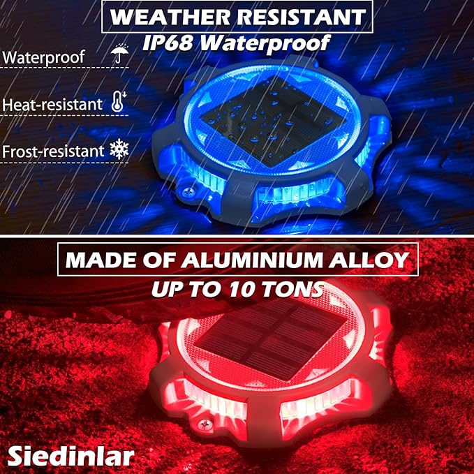 SIEDiNLAR Solar Deck Lights Outdoor 2 Modes LED Driveway Markers Dock Light Waterproof for Step Walkway Ground Stair Pathway Yard Road Garden 12 Pack (Blue/Red)