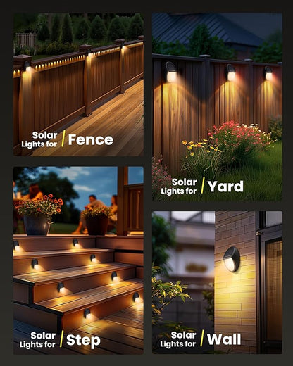 8 Pack Outdoor Fence Solar Lights, IP68 Waterproof Solar Step Lamps, for Porch Deck Yard Garage Garden - White Light