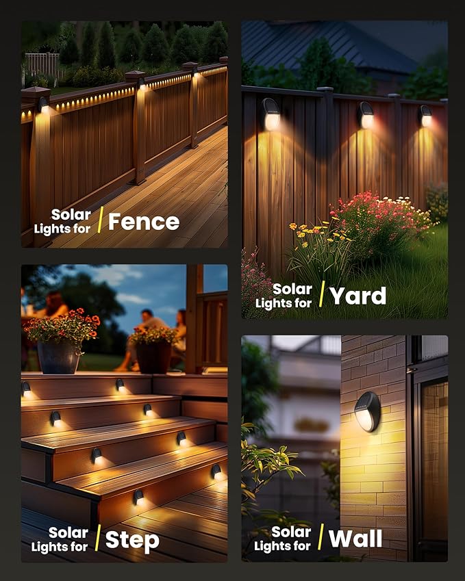 8 Pack Outdoor Fence Solar Lights, IP68 Waterproof Solar Step Lamps, for Backyard, Garden, Pathway, Porch, Patio, Driveway, Walkway, Railing - Yellow Light