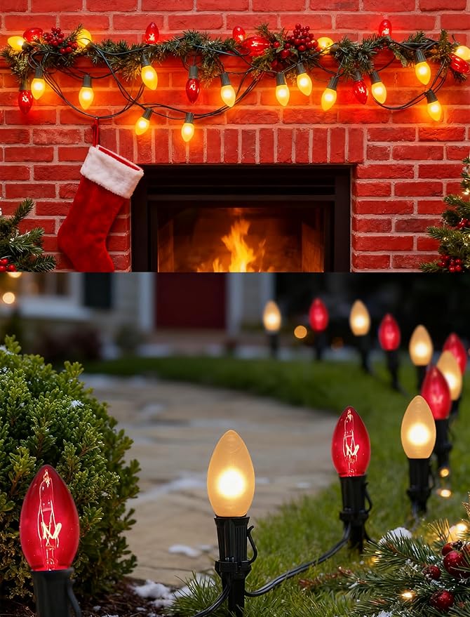 C9 Red and White Christmas String Lights 25Ft C9 Outdoor Christmas Decorations Lights with 26 Red Frosted White | Lumora