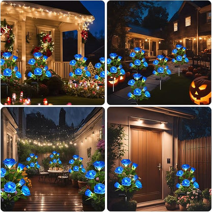 DWH 1 Pack Solar Garden Lights Outdoor, 7-Flower Rose Solar Lights for Yard, LED Solar Powered Stake Lights for Patio Pathway Lawn Fence Cemetery, Blue