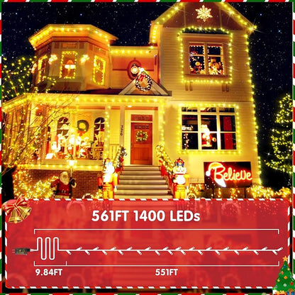 XURISEN 551FT 1400 LED Christmas Lights Outdoor Green Wire String Lights 8 Modes with Timer Memory Waterproof Fairy Light Plug in for Xmas Tree Wedding Yard Party Holiday Decorations(Warm White)