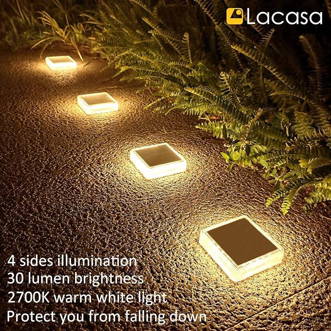 Lacasa Solar Deck Lights, 4 Pack 30LM LED Dock Lights Warm White 2700K, Outdoor Solar Powered Step Lights Light up All Night IP68 Waterproof Auto ON/Off for Garden Stairs Driveway Pathway Lighting