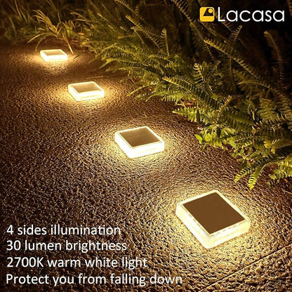 Lacasa Solar Deck Lights, 4 Pack 30LM LED Dock Lights Warm White 2700K, Outdoor Solar Powered Step Lights Light up All Night IP68 Waterproof Auto ON/Off for Garden Stairs Driveway Pathway Lighting
