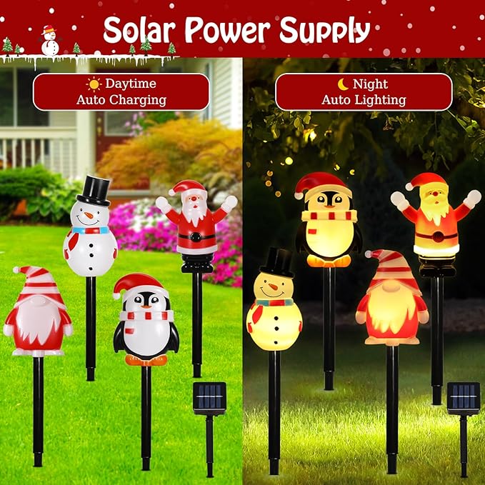 Lewondr 4 Pack Christmas Decorations Outside,Solar Lighted Santa Claus,Snowman,Gnome,Penguin with Garden Stakes,Waterproof Garden Lawn Pathway with 8 Lighting Modes,Yard Decor for Xmas Party,Holiday