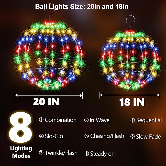 Joomer 2 Pack Christmas Big Ball Lights, 20IN & 18IN Foldable Metal Sphere Lights Waterproof - Outdoor String Light | Lumora