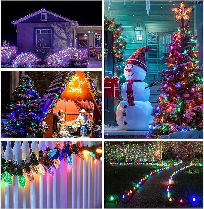 C9 LED Christmas Lights Outdoor 50FT with 50 Pcs(+2 Spare) C9 E17 Base Color Holiday Decor Bulbs for Indoor & Outdoor Use, Connectable, Weatherproof for Roof Decoration.