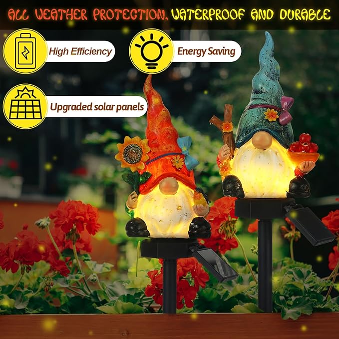 2 Pack Garden Decor Gnome Statues with Solar Lights Gnomes Lights Gifts for Mom Grandma Gnome Figurine for Outdoor Garden Pathway Lawn Patio Yard Decoration