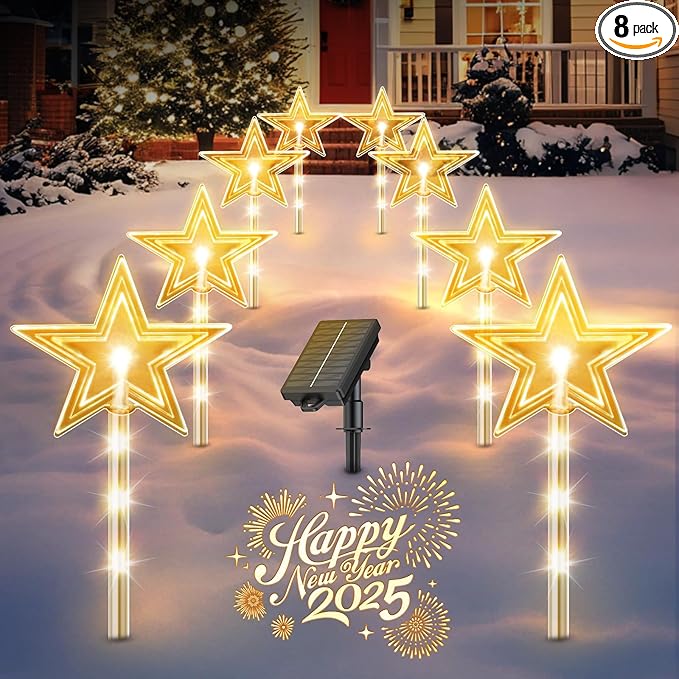8 Pack Christmas Decorations Outdoor for Yard, 2 Charging Ways Large 1200mAh Solar Christmas Pathway Lights, 32 LED Christmas Lights 10 Modes Waterproof Christmas Decorations Outside for Garden Decor