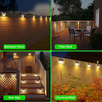 JSOT Solar Fence Lights - Solar Lights Outdoor Waterproof, Outdoor Light Deck Light for Outside Garden Backyard Patio Yard Wall Stair Step Post 3LED Lighting, Warm Light, 6 Pack