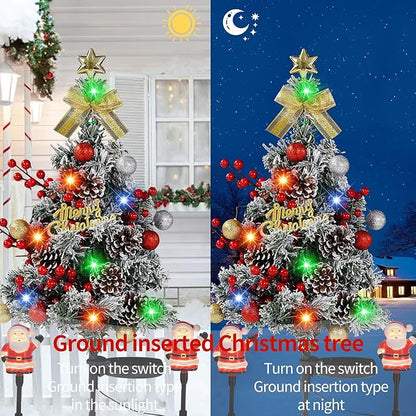 2 Packs Solar Christmas Tree - 34 Inch 40 LED Lights with 4 Glowing Mini Santas, 2 Modes, Waterproof Outdoor Solar Powered Xmas Decor for Garden Yard Pathway Lawn