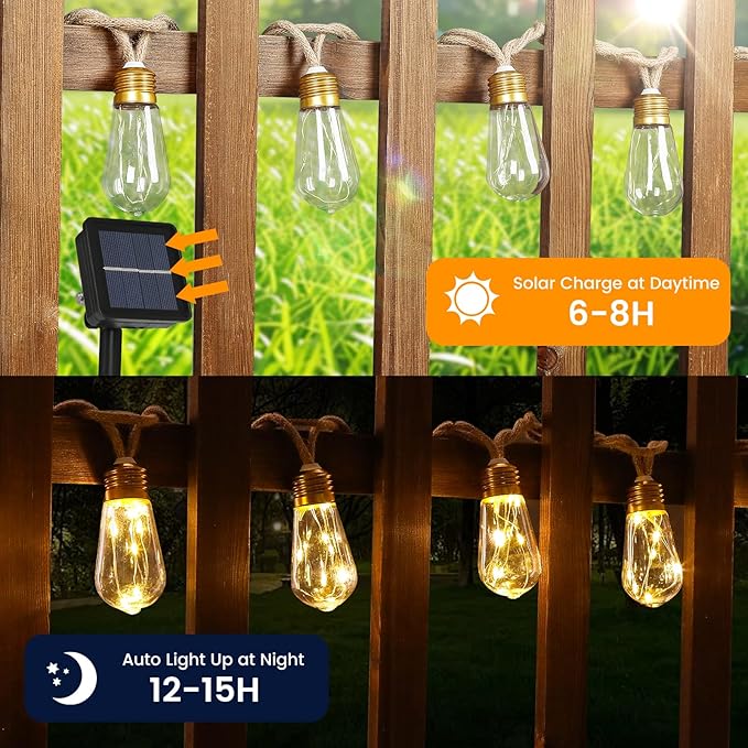 Solar String Lights, 24FT Vintage Rope Hemp Solar Outdoor String Lights with 20 Shatterproof Bulbs, Waterproof 8 Modes Solar Powered Patio Lights for Garden Fence Balcony Camping (Warm White)