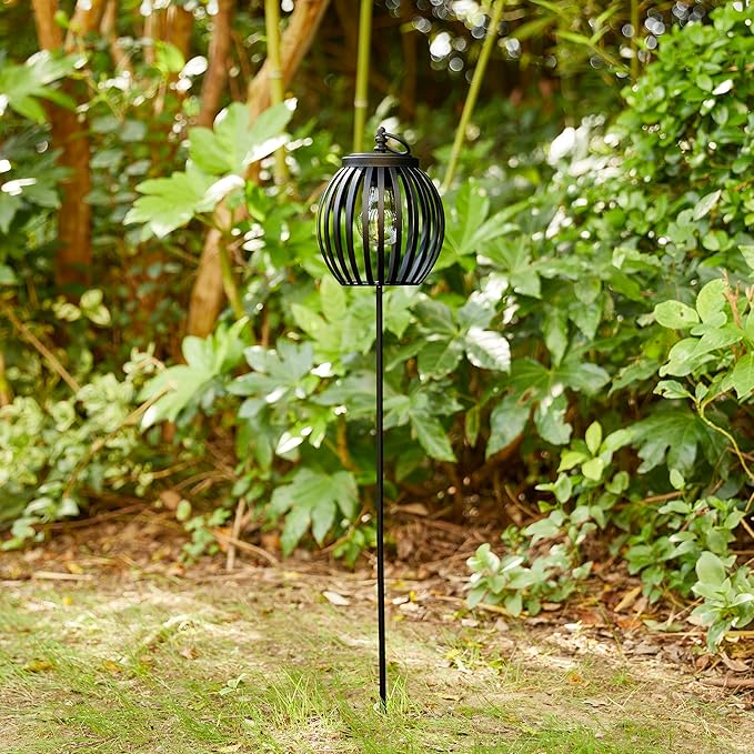 Glitzhome Solar Lights Outdoor Round-Shaped Black Metal Stripes Solar Stake Lights with Edison Bulb | Lumora