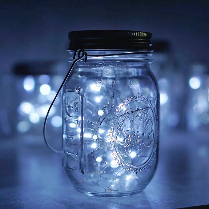 Solar Mason Jar Lights, 6 Pack 20 LED Fairy String Lights with 6 Hangers (No Jars), Waterproof Firefly Lights Lantern for Outdoor, Wedding, Patio, Garden, Party, Christmas Decor (Cold White)
