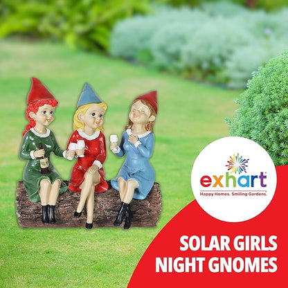 Exhart Garden Gnomes, Girl's Night Wine Drinking Solar Garden Gnome Statue, LED Hats, Outdoor Lawn and Yard Decoration, 5.5 x 10.5 x 9.5 Inch, Multicolor, Resin