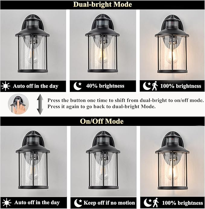 MICSIU 11.5" Motion Sensor Outdoor Wall Light, 3-Mode Dusk to Dawn Exterior Fixture with Clear Seedy Glass, Matte Black Anti-Rust Porch Light, 100W Max Security Sconce for Front Door, Garage