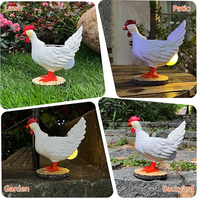 Solar Garden Statues Outdoor Decor, Miniature Chicken Egg Lamp Figurine Mother’s Day Decorations Chickens Lights with Egg in Butt LED 3D Sculpture for Patio, Lawn - Unique Christmas Housewarming Gift