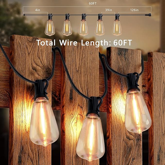 60FT Solar String Lights, Weatherproof Solar Powered Patio Lights, 3 Light Modes with Remote & USB Port, 15 LED Shatterproof Bulbs, Dimmable, Timer for Camping Backyard Cafe,Black
