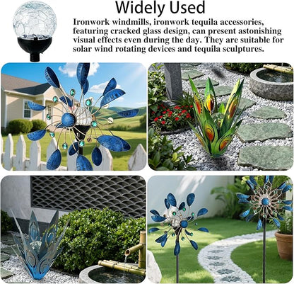 NUENUN Solar Globe Lights Cracked Glass Ball,Garden Decor Outdoor Waterproof,Globe Lighting for Tequila Sculpture Metal Agave Plant Home Decor Balcony Backyard