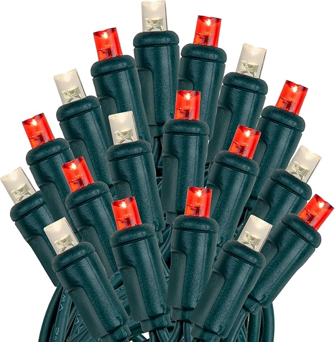 Novelty Lights 25ft 50 LED Red/Warm White Christmas Lights Outdoor/Indoor, 6" Spacing, Green Wire String Lights for Festive Xmas Lighting, IP55, UL Listed, Dimmable, Connectable