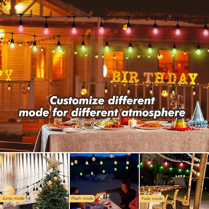 24FT Solar Outdoor String Lights, 12 Shatterproof E26 Edison LED Bulbs, Dimmable RGB Color Changing Patio Lights | Lumora