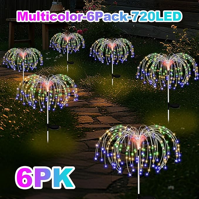 ALSO GO Solar Garden Lights Outdoor Waterproof, 6 Pack 720 LED Solar Firework Lights, Decorative Garden Décor Outside for Flowerbed Pathway Party Christmas Decoration, Multicolor