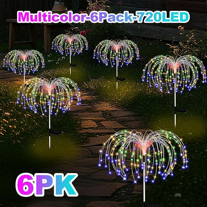 ALSO GO Solar Garden Lights Outdoor Waterproof, 6 Pack 720 LED Solar Firework Lights, Decorative Garden Décor Outside for Flowerbed Pathway Party Christmas Decoration, Multicolor