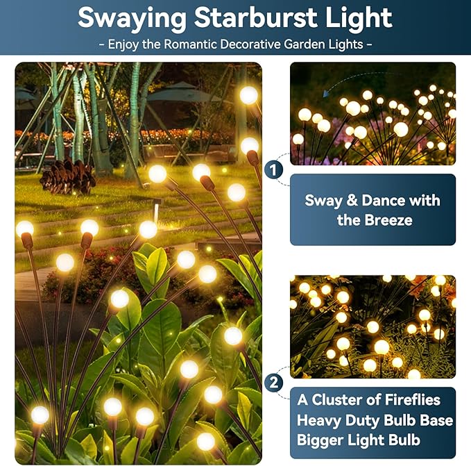 Solar Garden Lights Outdoor Waterproof, 4 Pack 32 LED Swaying Firefly Lights Outdoor Decor Light for Pathway Party | Lumora
