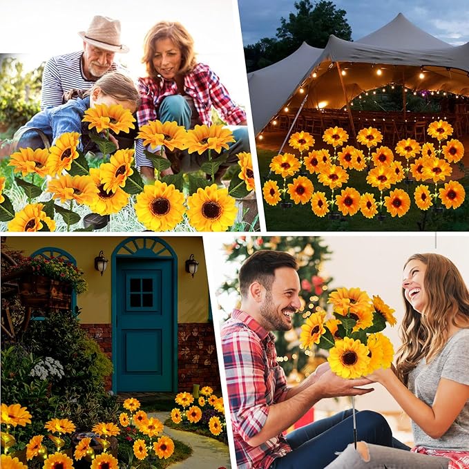 Sunflower Solar Lights Outdoor, IP65 Waterproof Fairy Decor Light, 2 Modes Constant Light&Blinking, 3 Pack Flower Lights with 9 Sunflowers, Ideal for Garden, Back Yard, Patio, Flower Bed, Cemetery