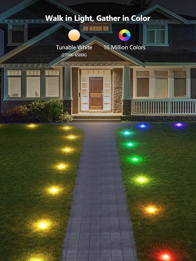 Brizled Smart RGBCW Color Changing Outdoor Ground Lights, 50FT 130LM 15 Pack Red White Blue LED Pathway Lights, App/Voice Control Landscape Lighting for Independence Day Christmas Garden Yard Walkway